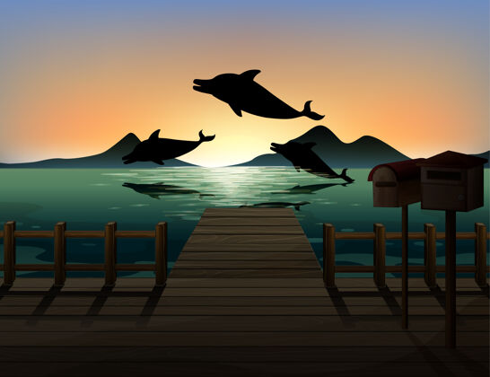 海洋海豚在自然场景剪影卡通天空剪影