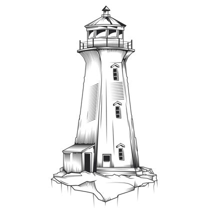 光古老灯塔的独立插图夜晚素描海滩