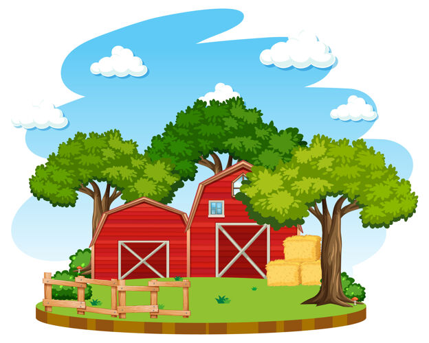 农场白色背景上有红色谷仓和风车的农场乡村棚屋建筑