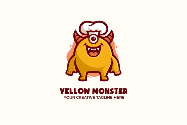 卡通有趣的黄色怪物吉祥物字符标志模板野生动物恶魔可爱