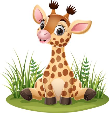 大自然卡通小长颈鹿坐在草地上坐着可爱哺乳动物