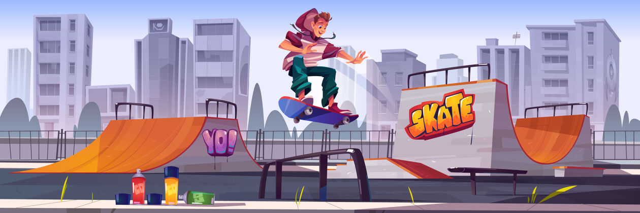 坡道滑板公园 男孩骑在滑板上矢量卡通城市景观 斜坡 墙上的涂鸦 用于绘画和青少年在跑道上跳跃的气溶胶极限运动活动的操场插图滑板涂鸦