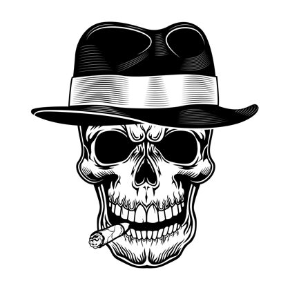 标志黑帮头骨矢量图头骨戴帽子 嘴里叼着雪茄黑帮标志或纹身模板的犯罪和概念犯罪危险恐怖