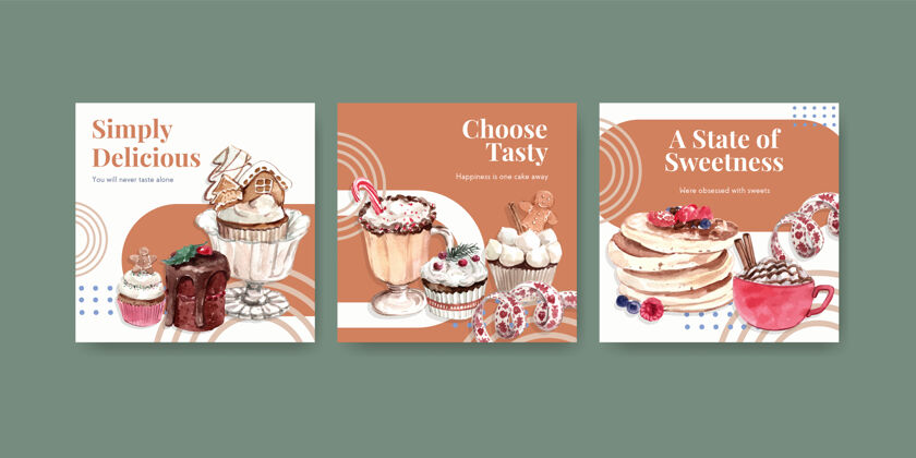 美味广告模板设置与冬季糖果在水彩画风格食物装饰季节性