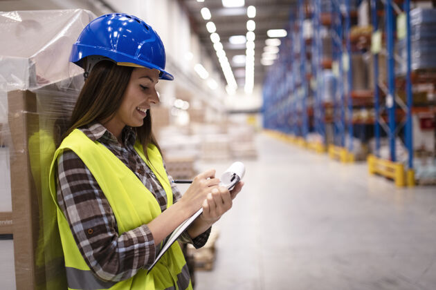 操作员女仓库工人靠在纸板箱上 在大型仓库配送中心做笔记责任质量控制货物