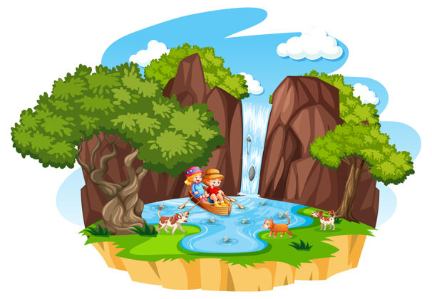 动物两个小孩在瀑布边划船 他们的宠物在白色的背景上瀑布年轻户外