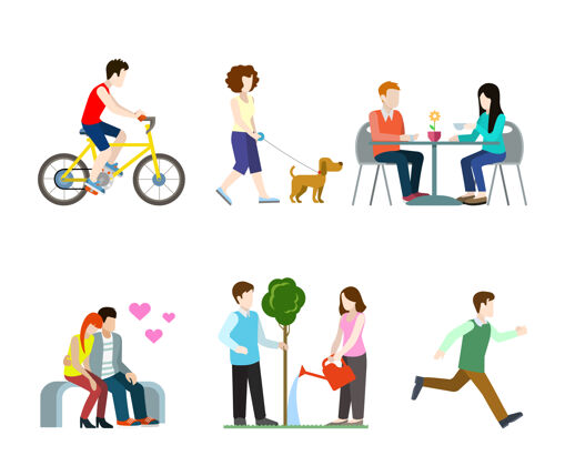 城市平面高品质城市街道行人集自行车骑行者咖啡桌长凳浪漫情人树浇水跑步建立自己的世界收藏长凳自行车女性