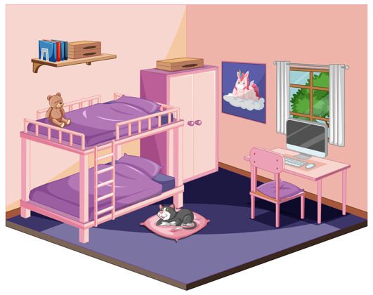家具粉色主题卧室等距图卧室玩具等轴测