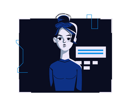 单位现代人穿着休闲服的化身 矢量卡通插画有着个人脸和头发的女人 在深蓝色电脑上的浅色数码相框里经理化身肖像