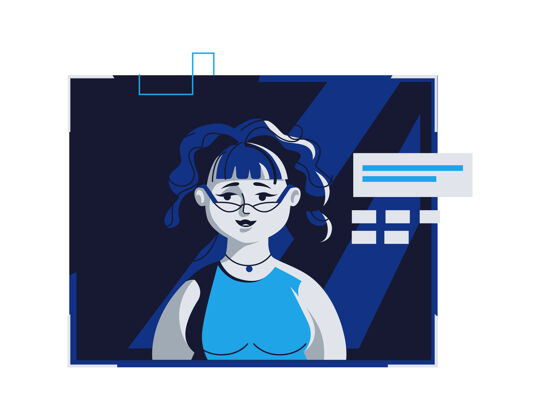 用户现代人在休闲服化身 矢量卡通插画与个人的脸和头发 在深蓝色的电脑上 在光数码框的女人 图片为网页配置文件个人资料女人工作