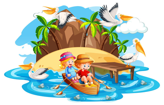 小孩子们在白色背景的溪流沙滩上划船树动物微笑