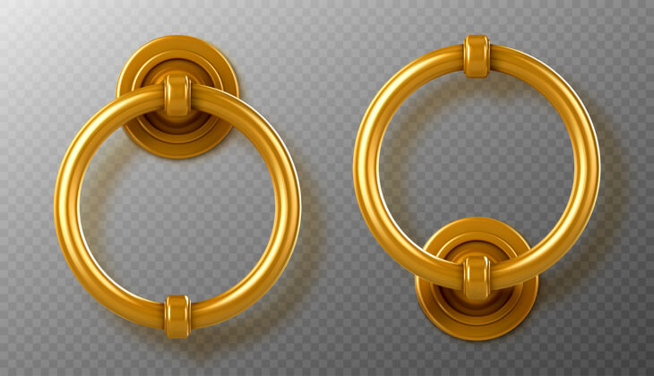 铁逼真的金色门环把手 金色戒指把手 闪亮的复古金属门把手 室内外设计元素 3d矢量插图 图标 剪贴画锁青铜旋钮
