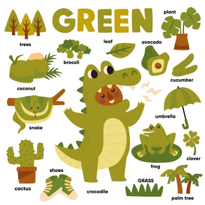 童年绿色和英语词汇集早期知识工作表