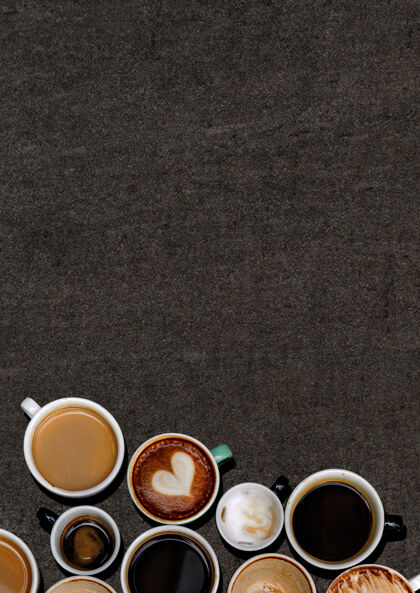 咖啡各种咖啡杯上的黑色垃圾纹理垃圾饮料拿铁