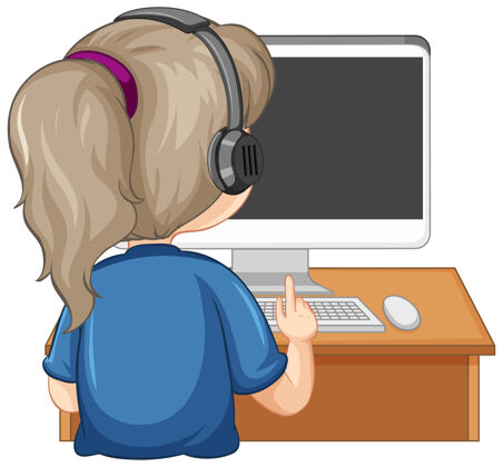 头发背景是一个女孩 桌子上放着电脑 背景是白色的电子金发耳机