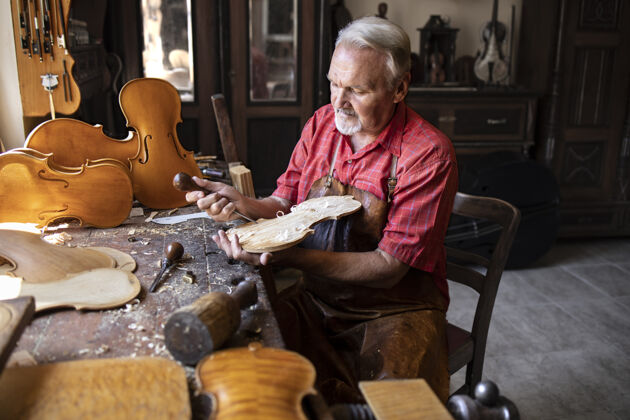 人高级木匠 雕刻木头 制作小提琴乐器锤子刨花木材
