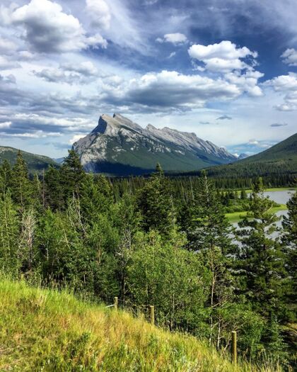 风景加拿大多云的天空下 朗德尔山被绿树环绕的垂直图片风景和平国家公园