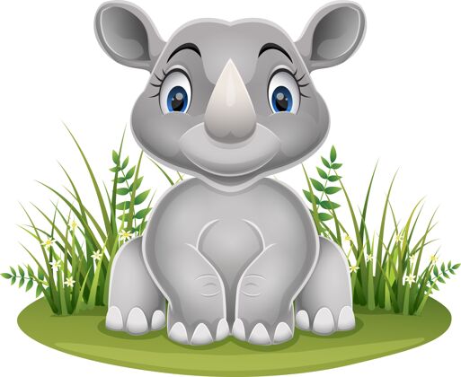 幼稚卡通犀牛宝宝坐在草地上哺乳动物草犀牛